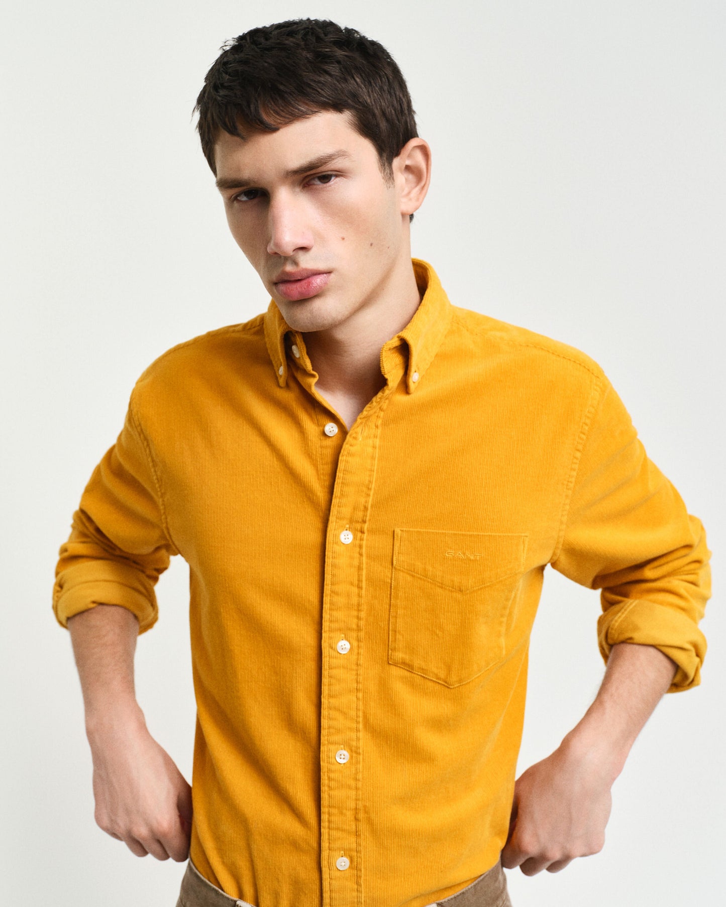 Gant Men Yellow Solid Button-down Collar Full Sleeves Corduroy Shirt