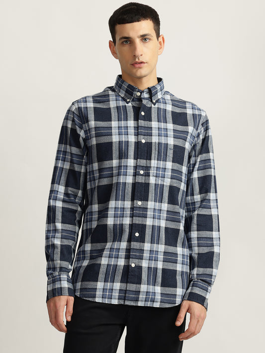 Gant Men Blue Checked Button-Down Collar Full Sleeves Shirt