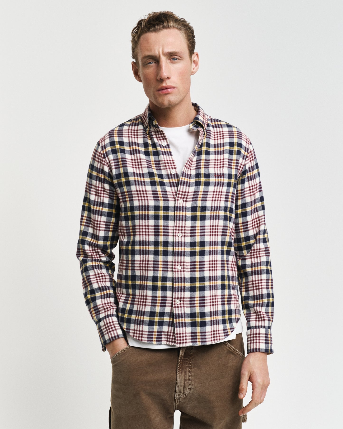 Gant Men Cream Checked Button-Down Collar Full Sleeves Shirt