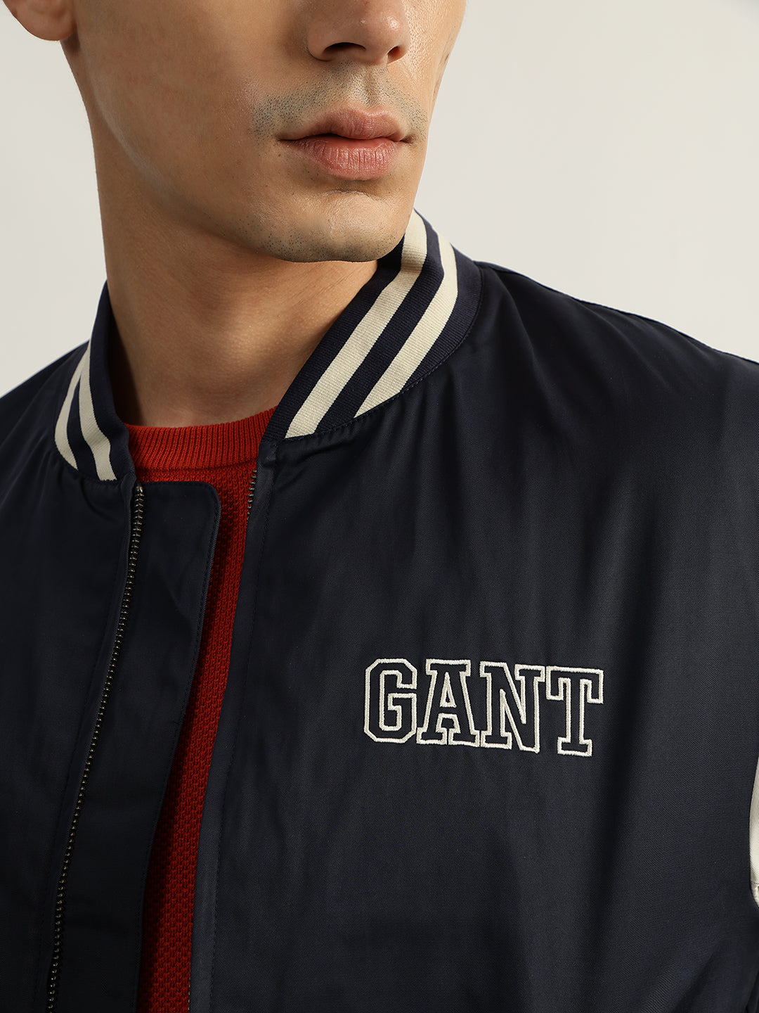 Gant Men Blue Colour-Blocked Stand Collar Full Sleeves Bomber Jacket