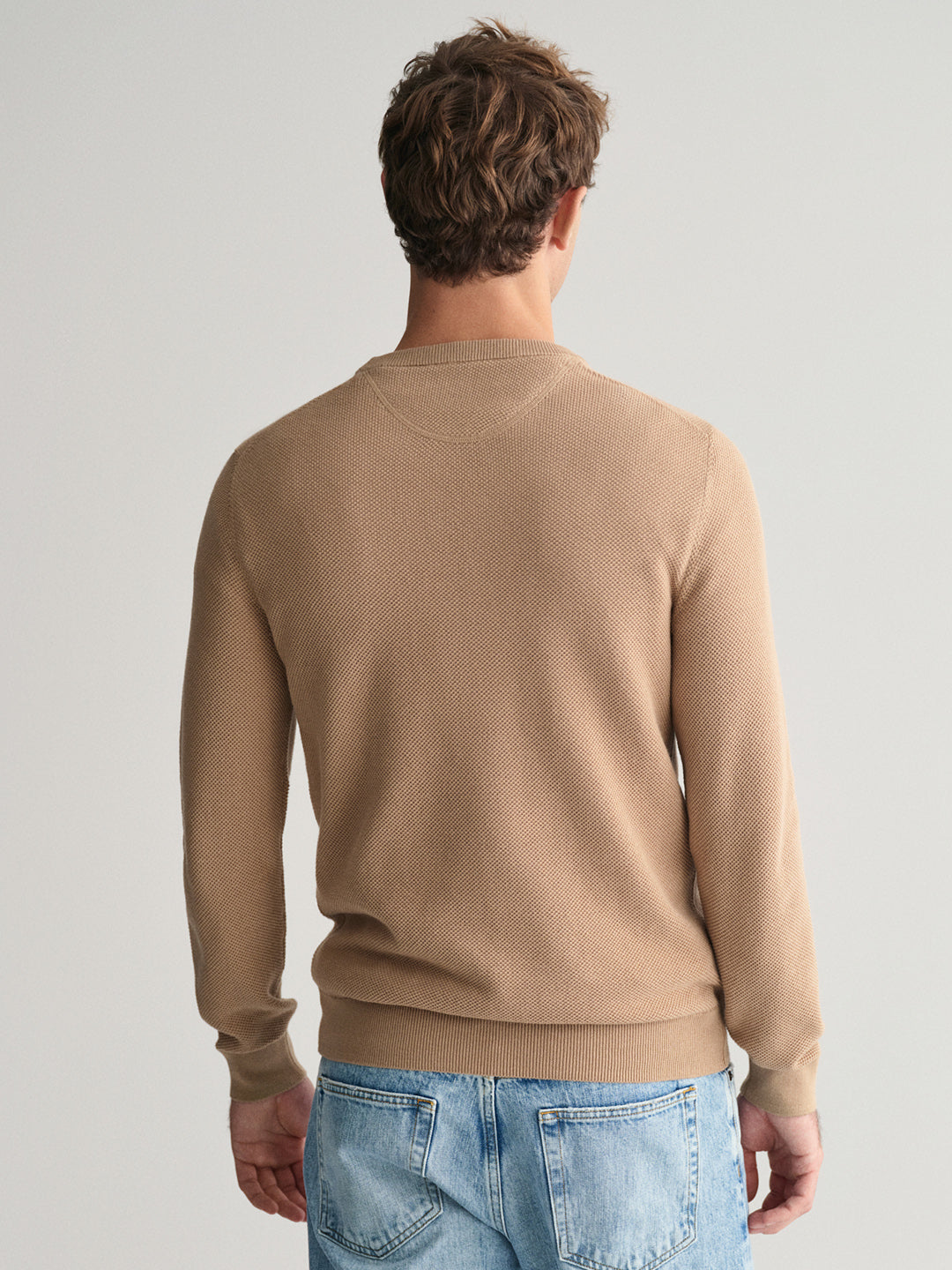 Gant Men Khaki Solid Round Neck Full Sleeves Sweater