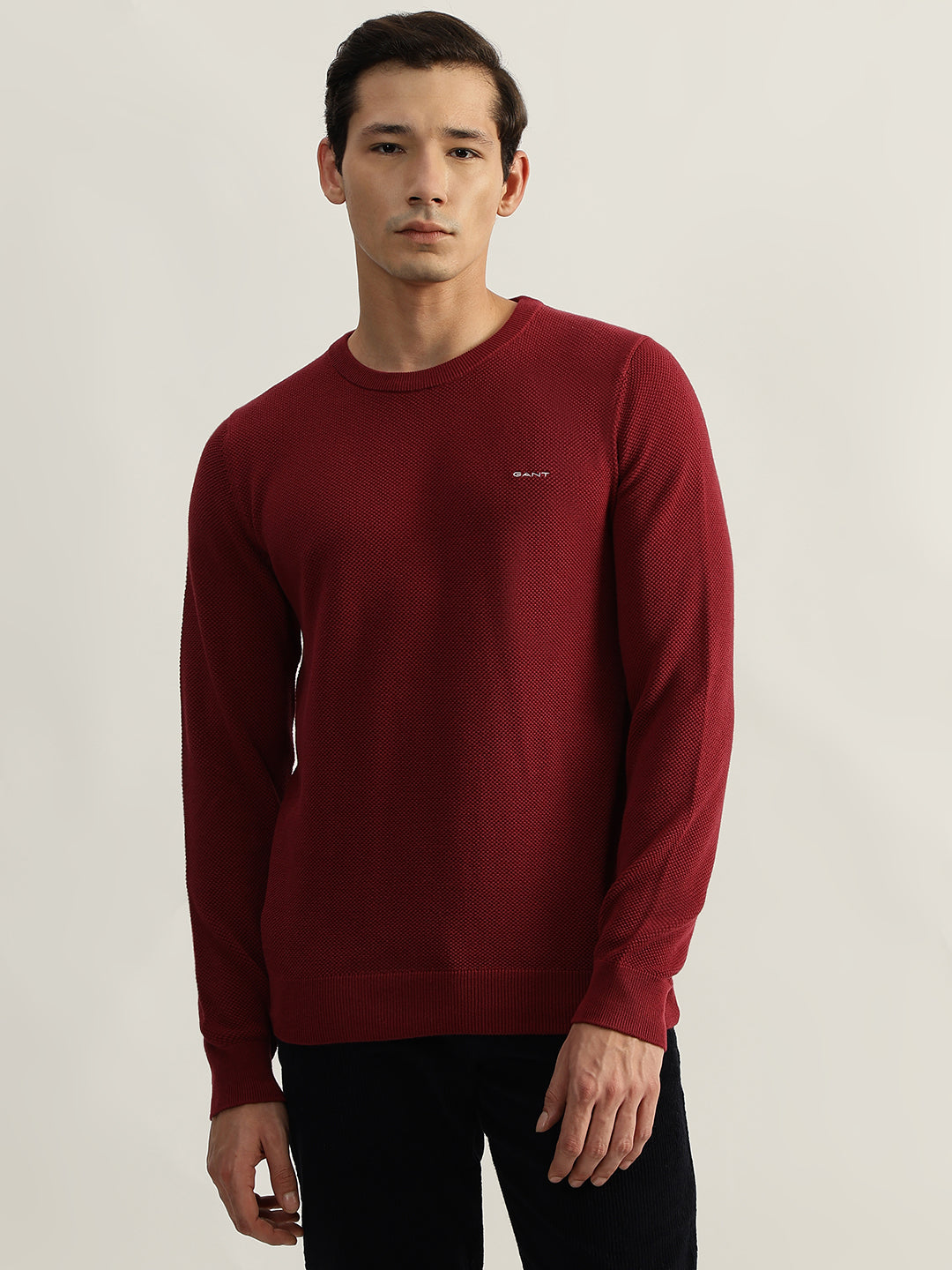 Gant Men Red Solid Round Neck Full Sleeves Pullover Style Sweater