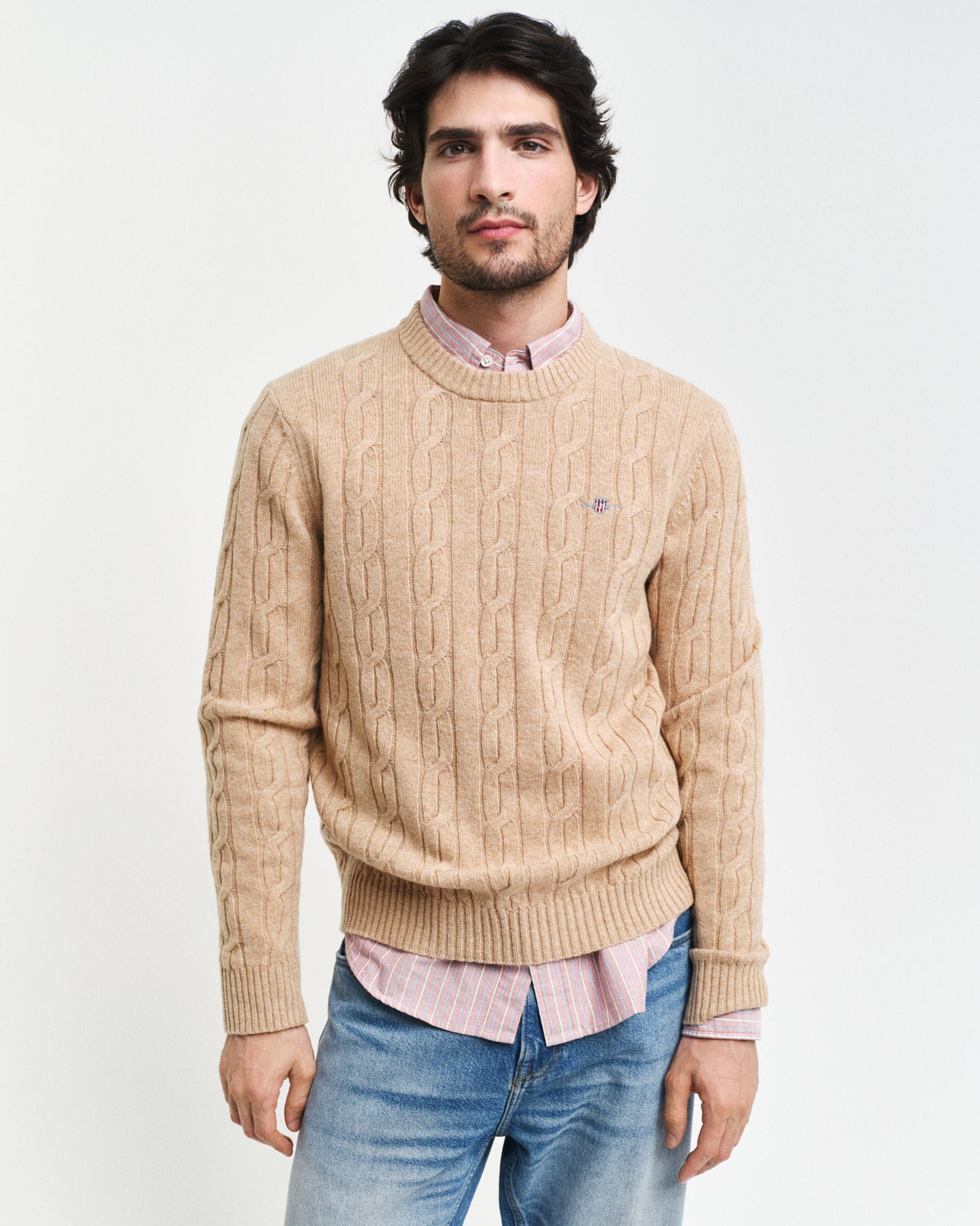 Gant Men Beige Solid Round Neck Full Sleeves Pullover Style Sweater