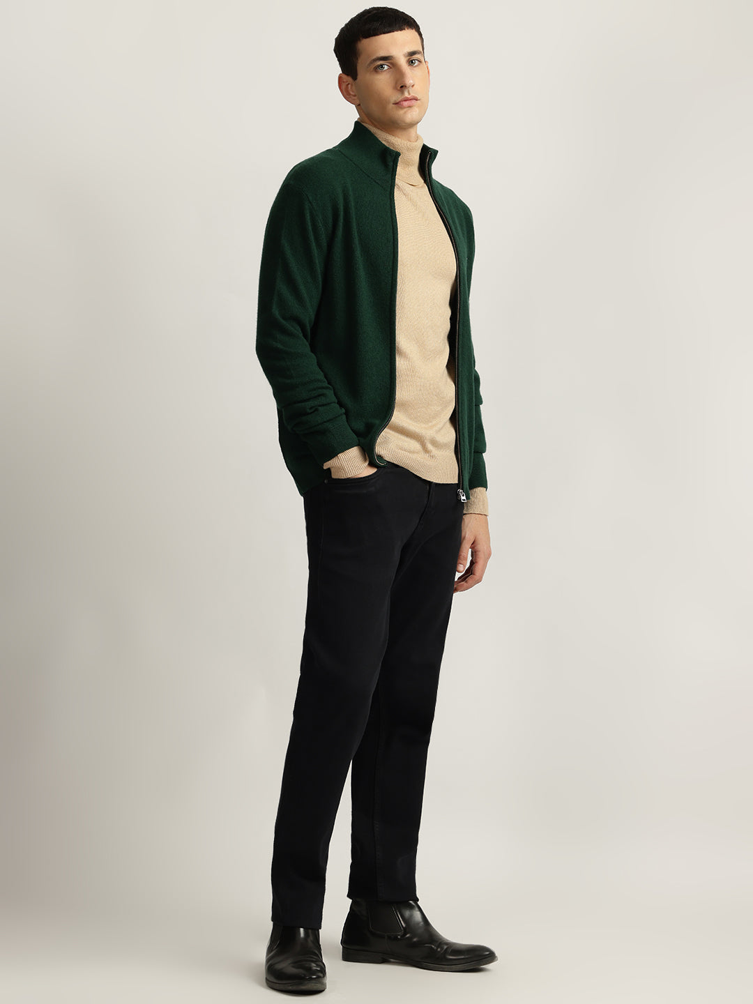 Gant Men Green Solid High Neck Full Sleeves Sweater