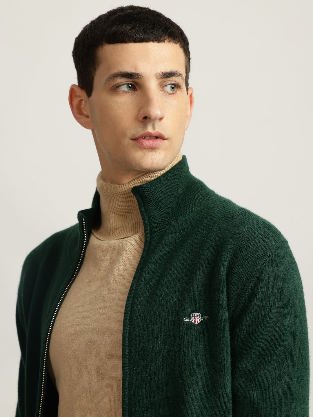 Gant Men Green Solid High Neck Full Sleeves Sweater