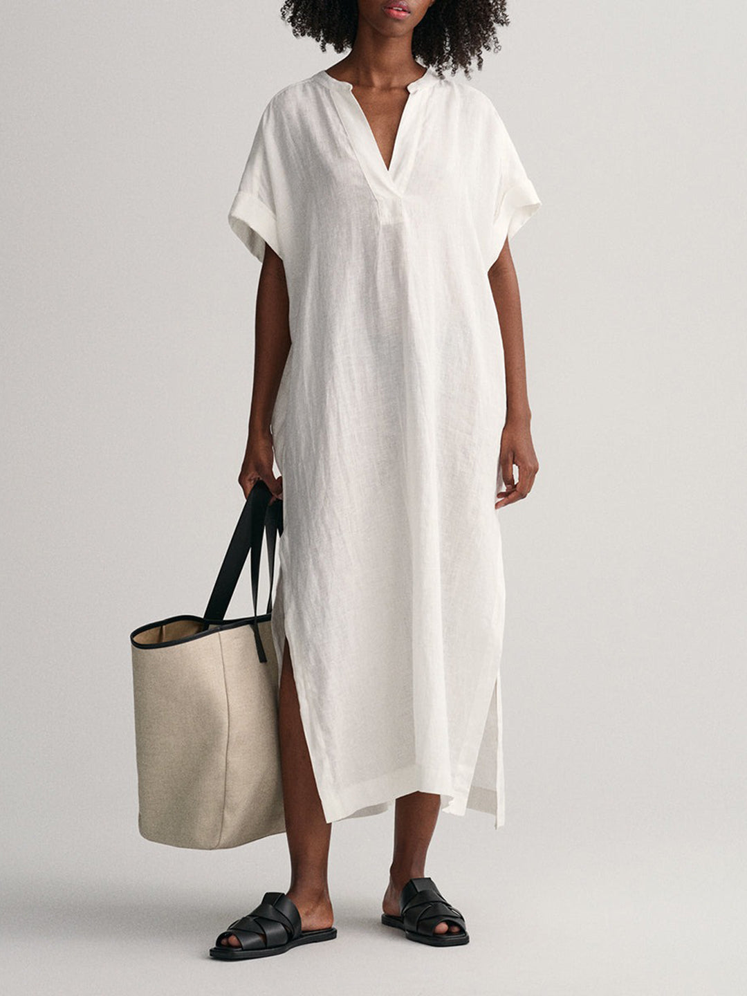 Gant V-Neck Extended Sleeve Linen A-Line Midi Dress