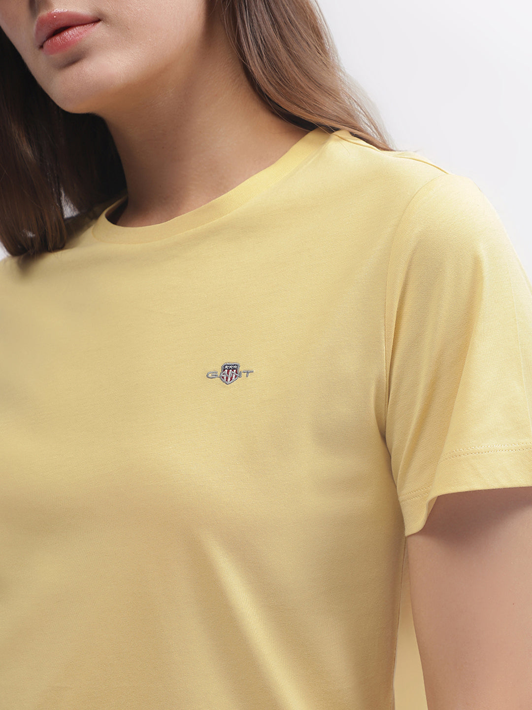 Gant Women Yellow Solid Round Neck Short Sleeves T-shirt