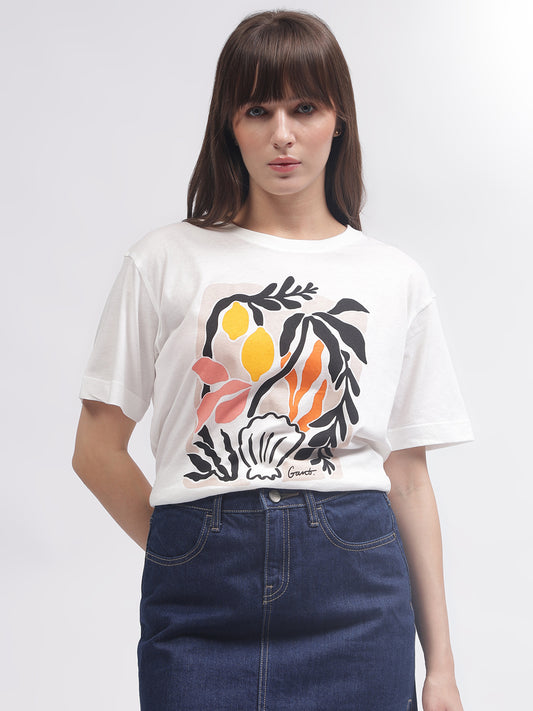 Gant Women White Printed Round Neck Short Sleeves T-shirt