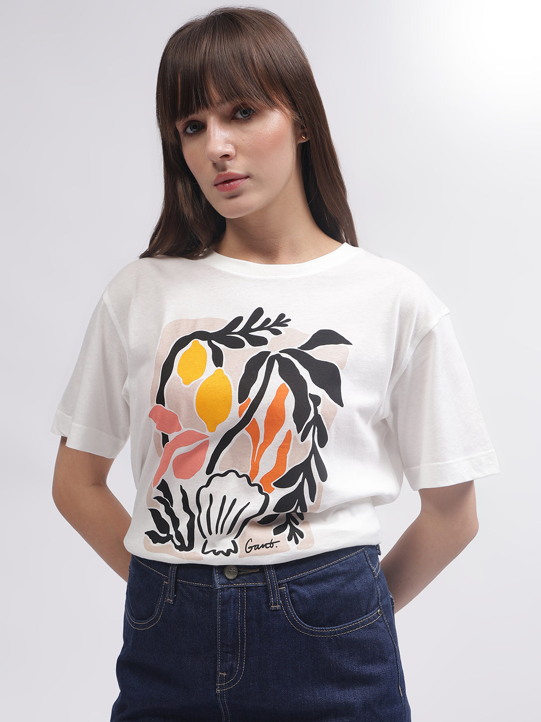 Gant Women White Printed Round Neck Short Sleeves T-shirt