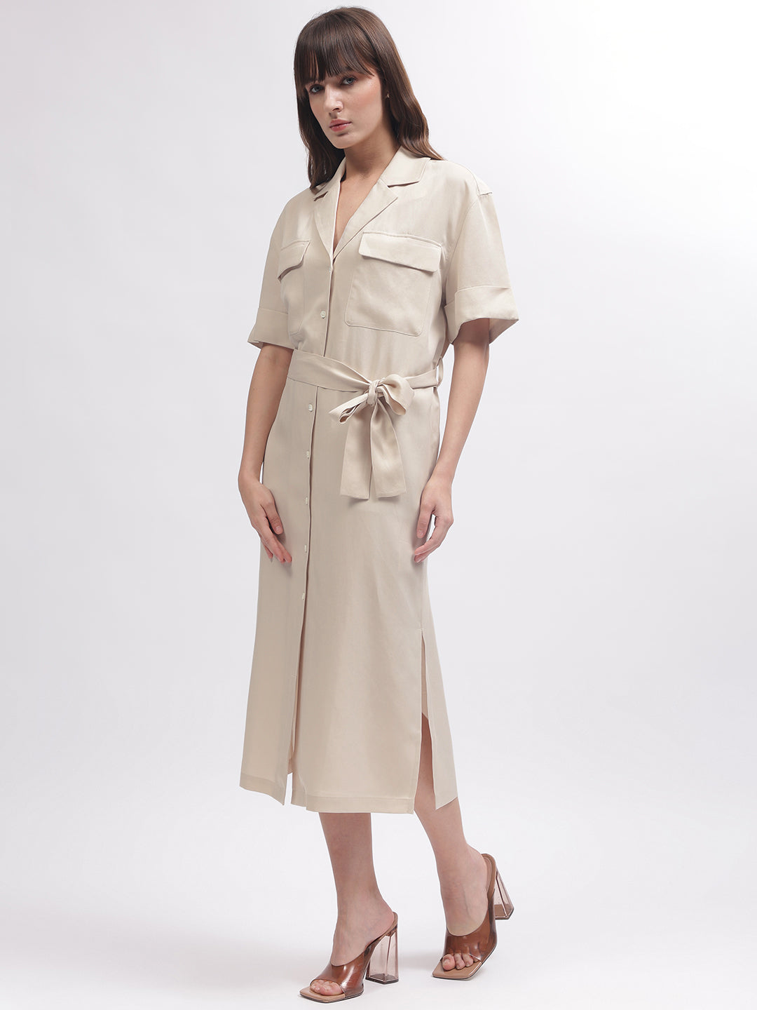 Gant Women Beige Solid Notched Lapel Short Sleeves Dress