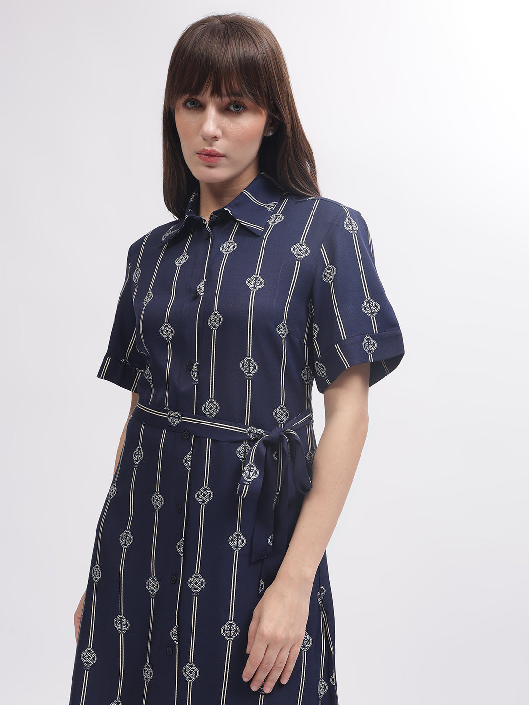 Gant Women Blue Printed Shirt Collar Short Sleeves Dress