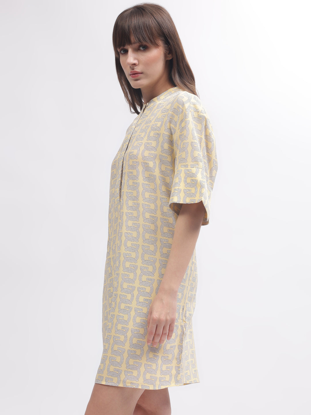 Gant Women Yellow Printed Band Collar Short Sleeves Dress