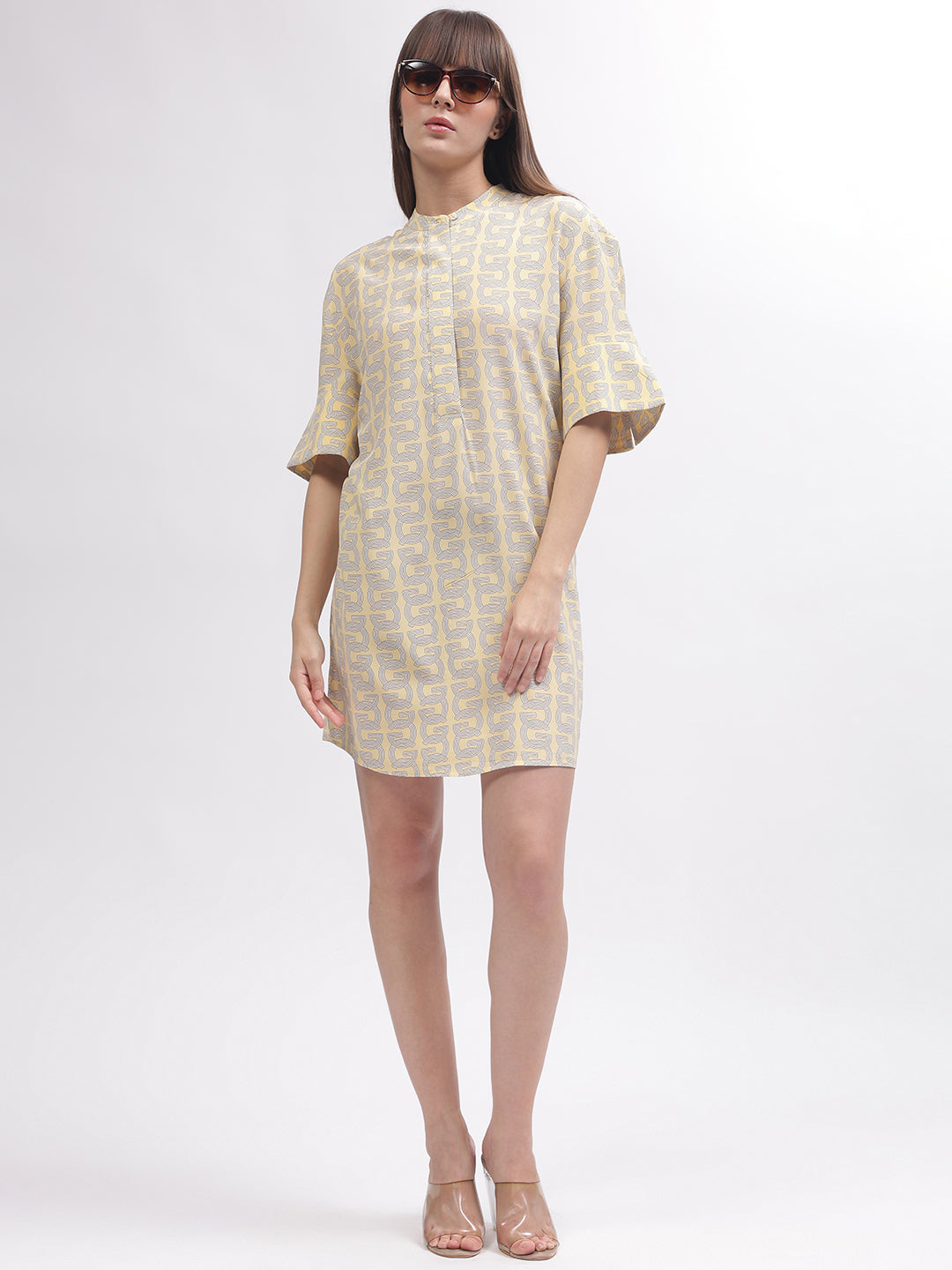 Gant Women Yellow Printed Band Collar Short Sleeves Dress