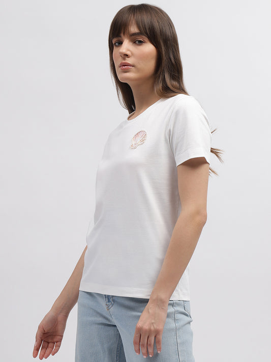 Gant Women White Solid Round Neck Short Sleeves T-Shirt