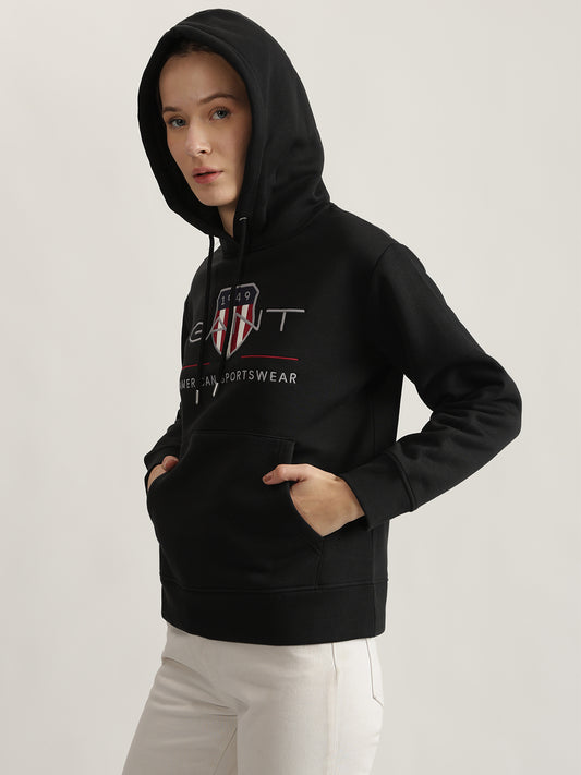 Gant Women Black Embroidered Hooded Full Sleeves Sweatshirt