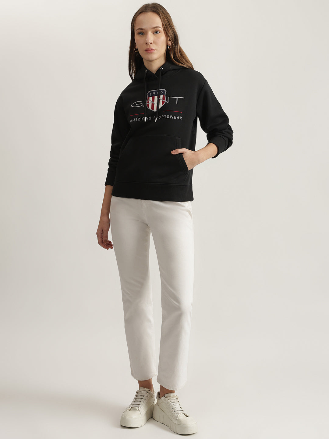 Gant Women Black Embroidered Hooded Full Sleeves Sweatshirt