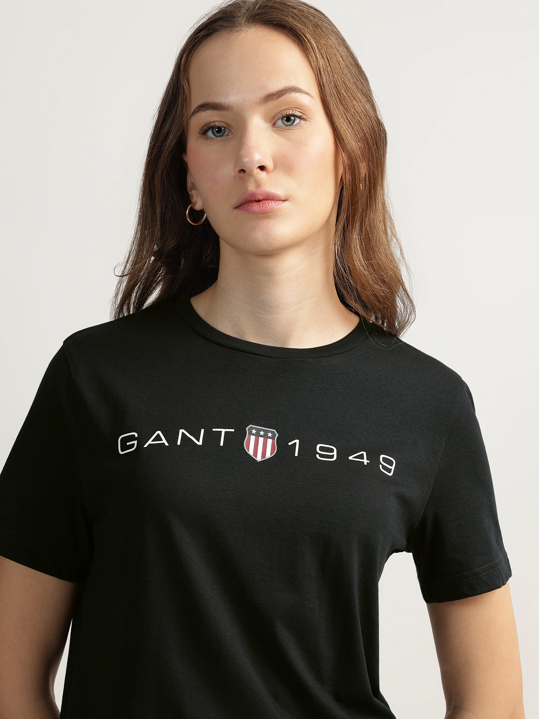 Gant Women Black Solid Round Neck Short Sleeves T-shirt