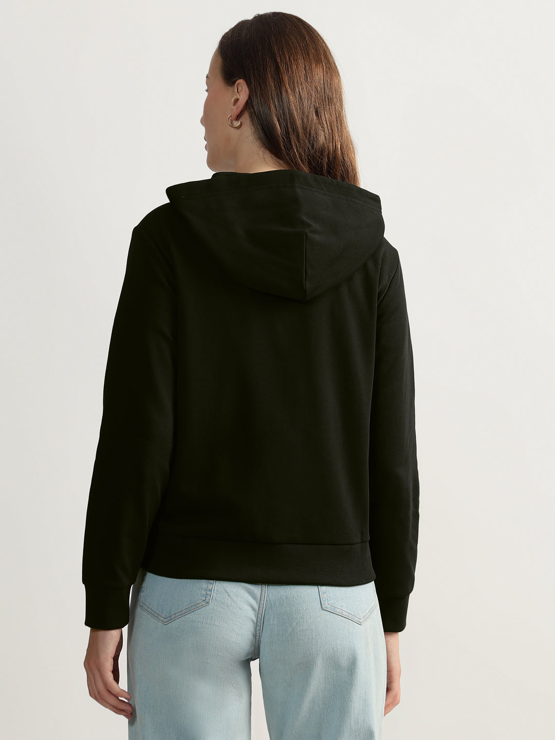 Gant Women Black Solid Hooded Full Sleeves Front-open Sweatshirt