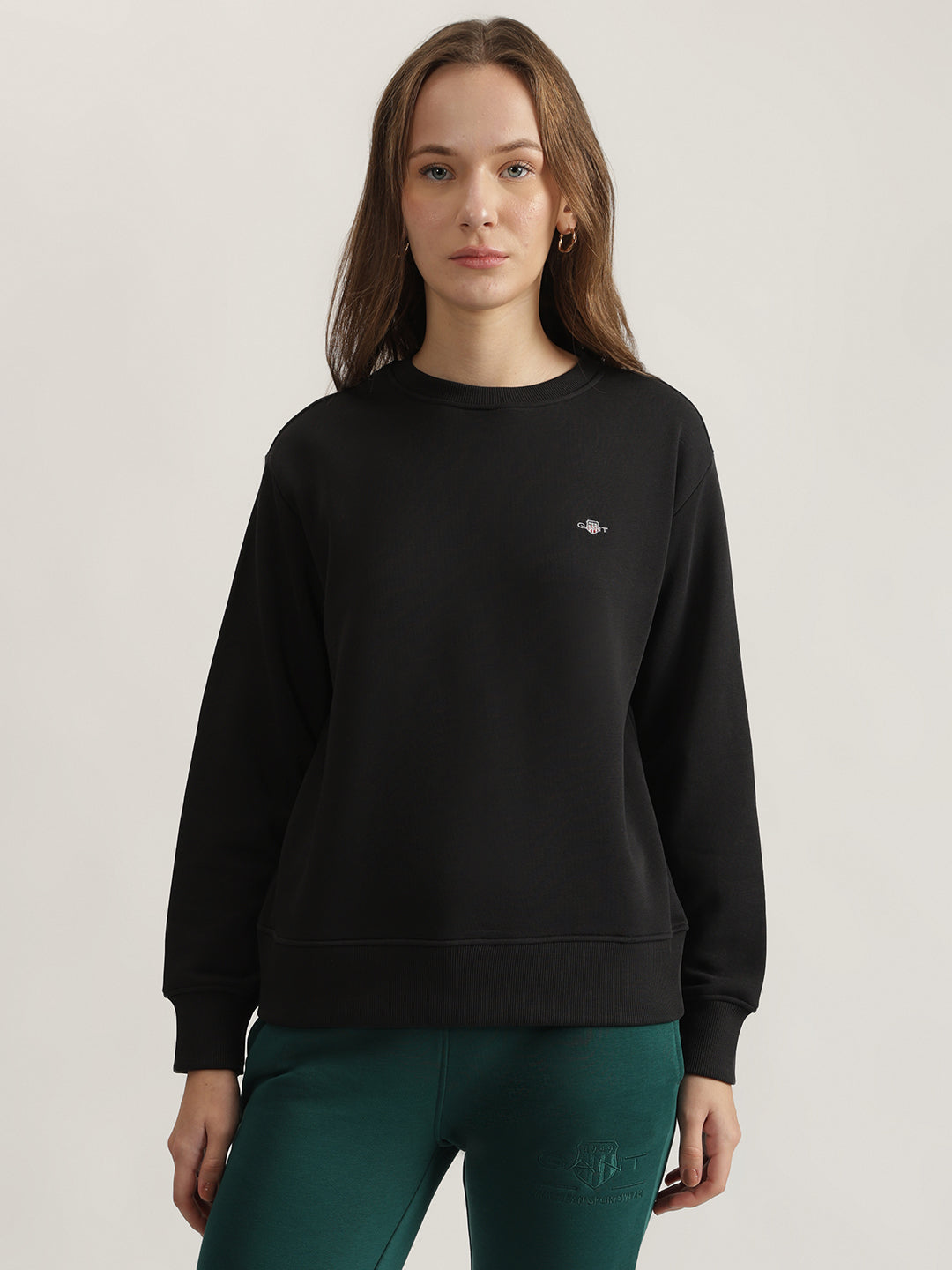 Gant Women Black Solid Round Neck Full Sleeves Sweatshirt