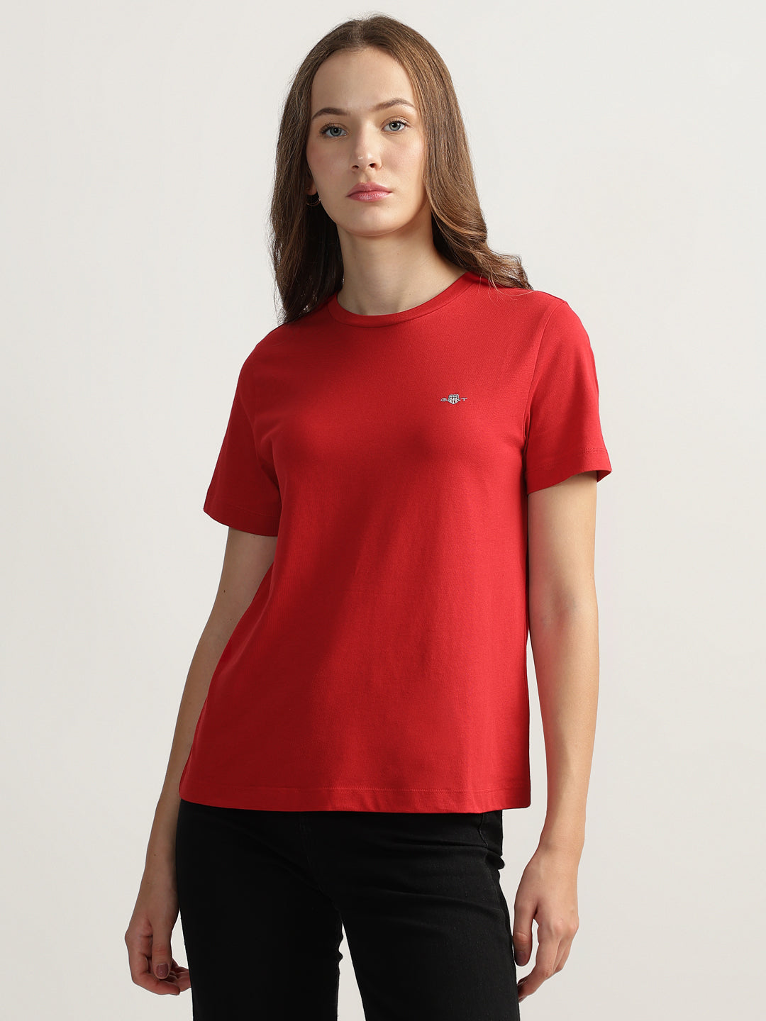 Gant Women Red Solid Round Neck Short Sleeves T-shirt