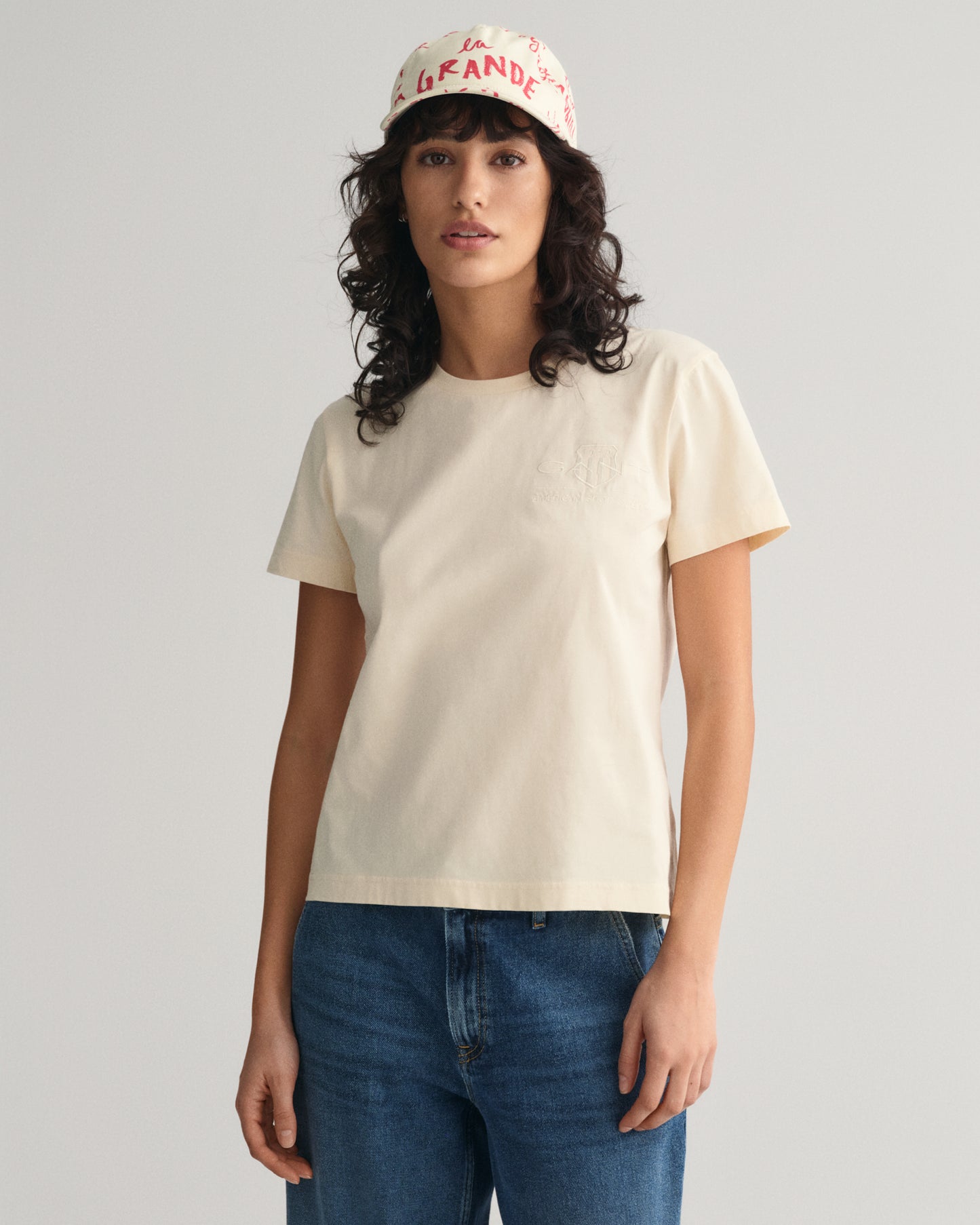 Gant Women Cream Solid Round Neck Short Sleeves T-Shirt