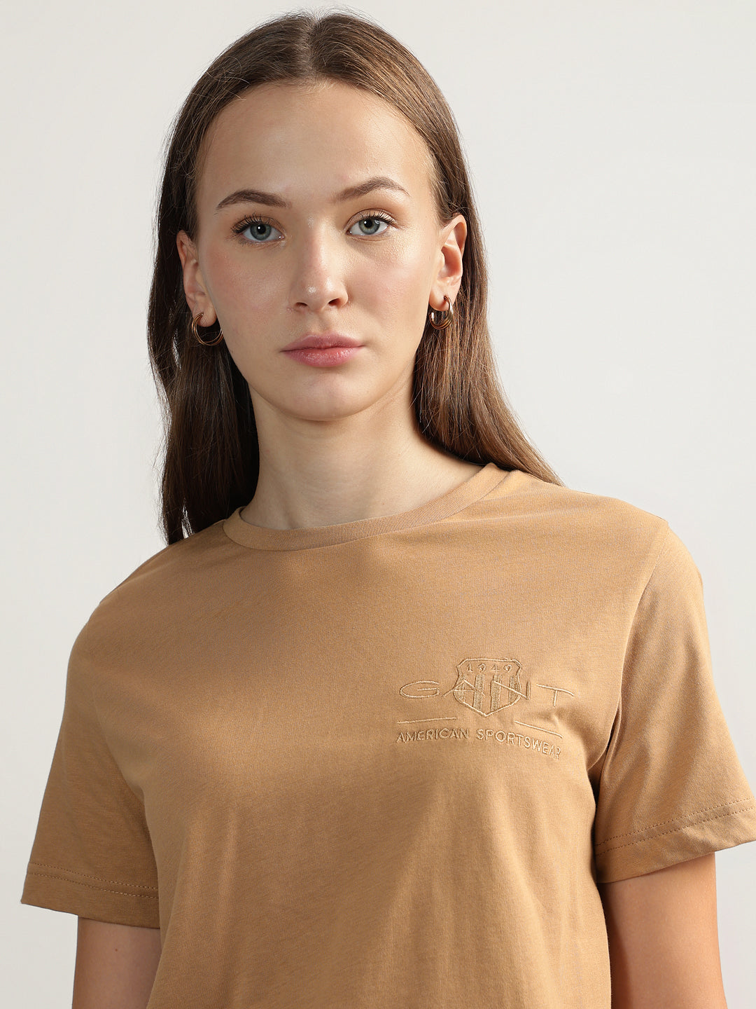 Gant Women Beige Solid Round Neck Short Sleeves T-shirt