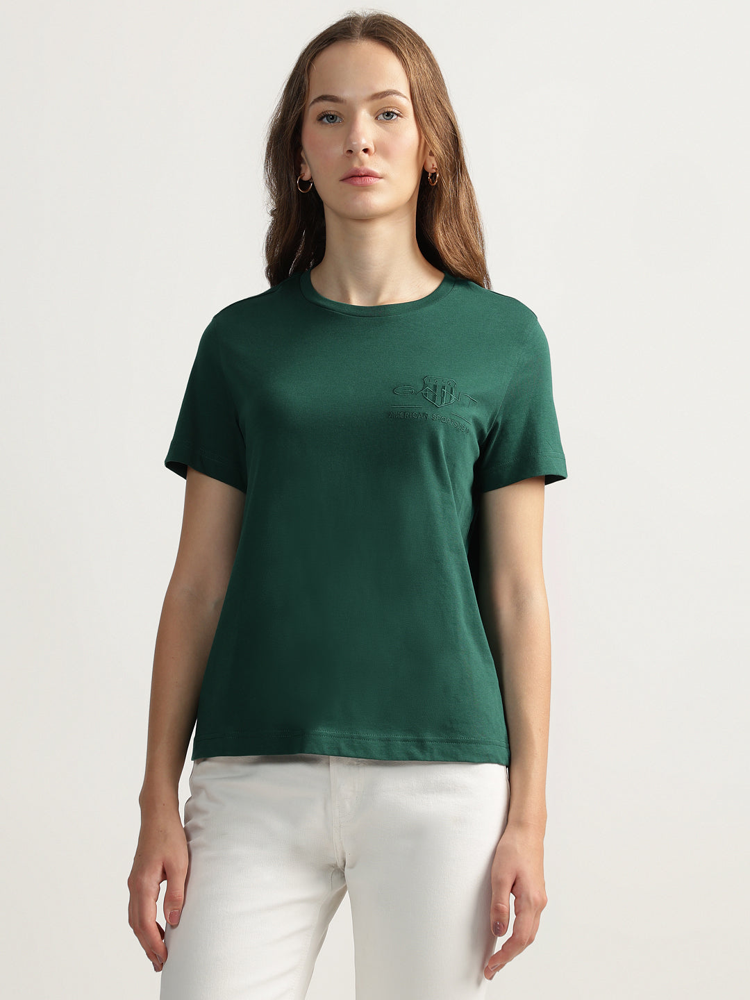 Gant Women Green Solid Round Neck Short Sleeves T-shirt