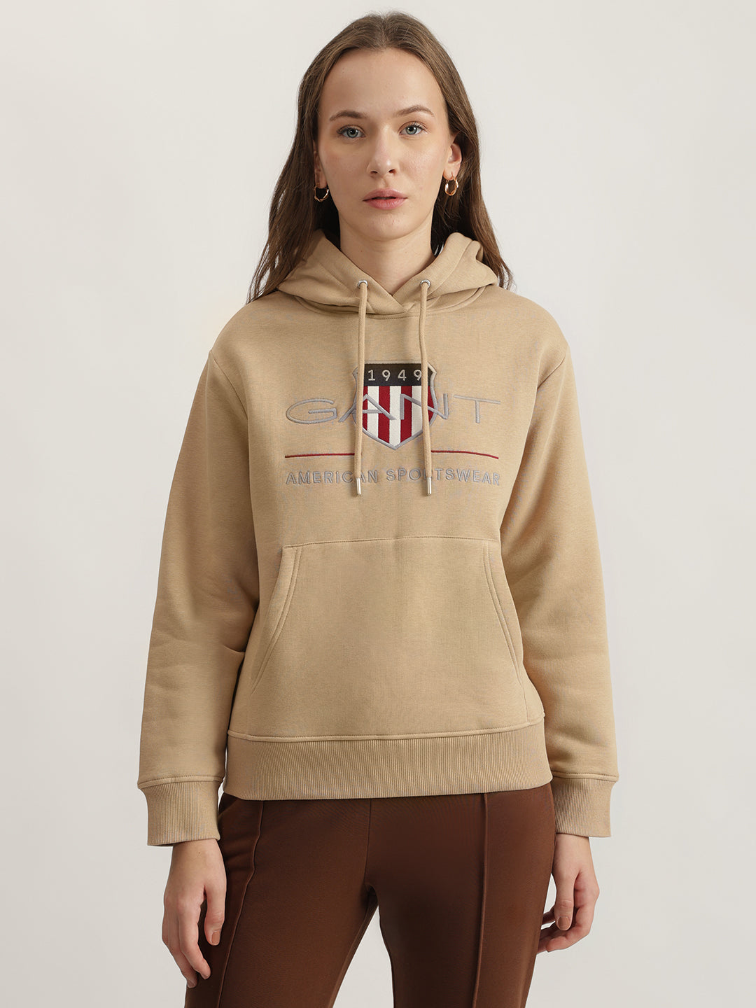 Gant Women Beige Embroidered Hooded Full Sleeves Sweatshirt