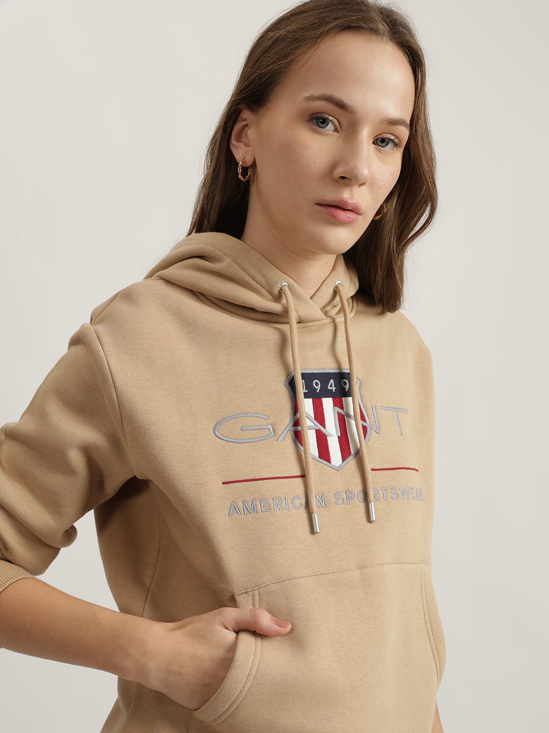 Gant Women Beige Embroidered Hooded Full Sleeves Sweatshirt