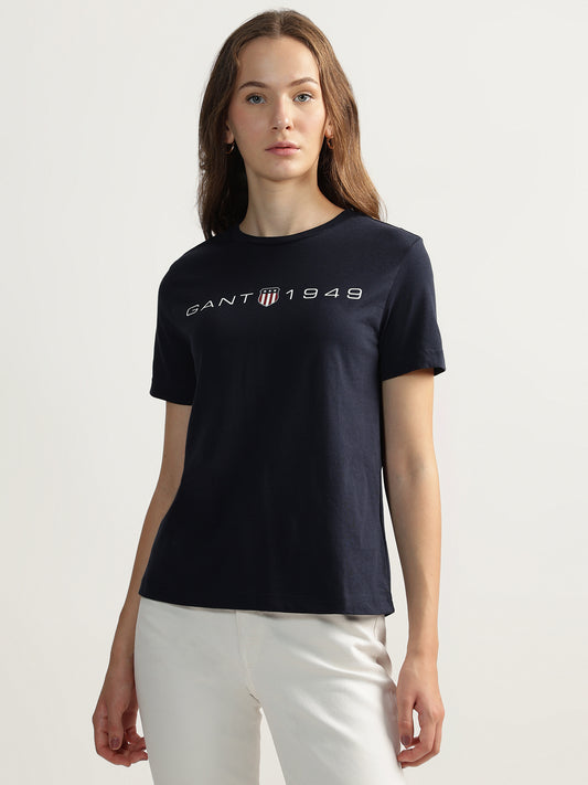 Gant Women Blue Solid Round Neck Short Sleeves T-shirt