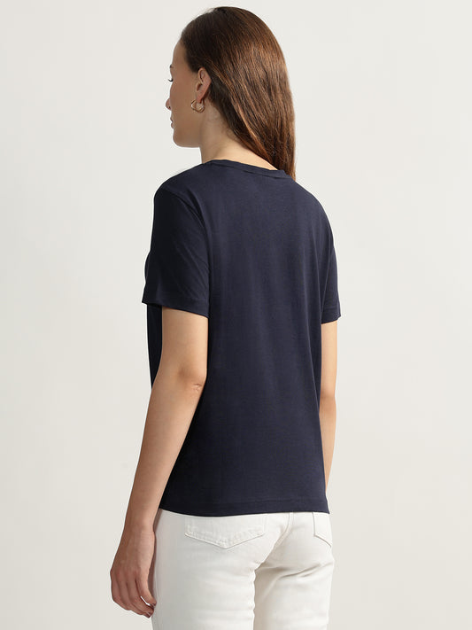 Gant Women Blue Solid Round Neck Short Sleeves T-shirt