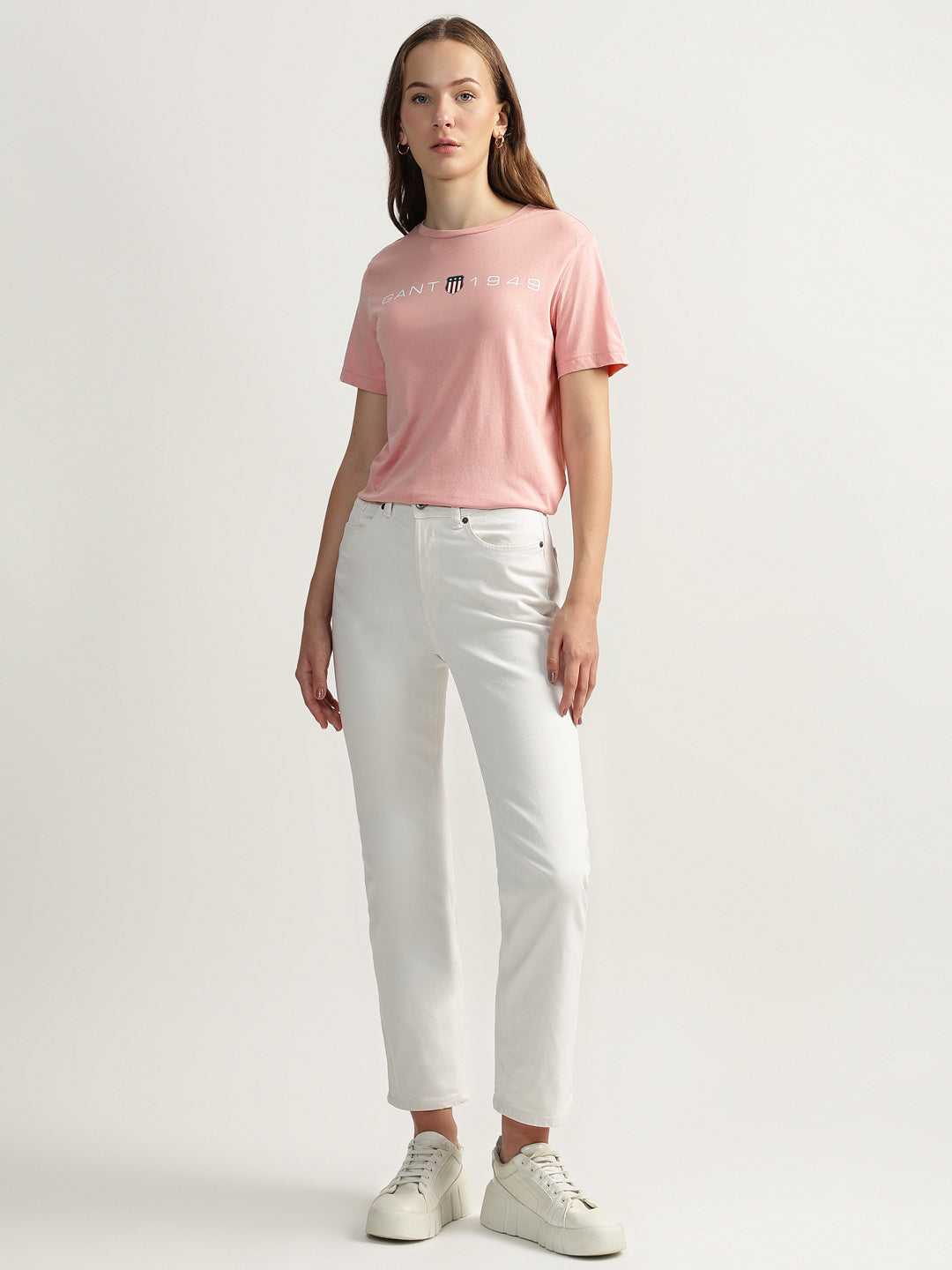 Gant Women Pink Solid Round Neck Short Sleeves T-shirt