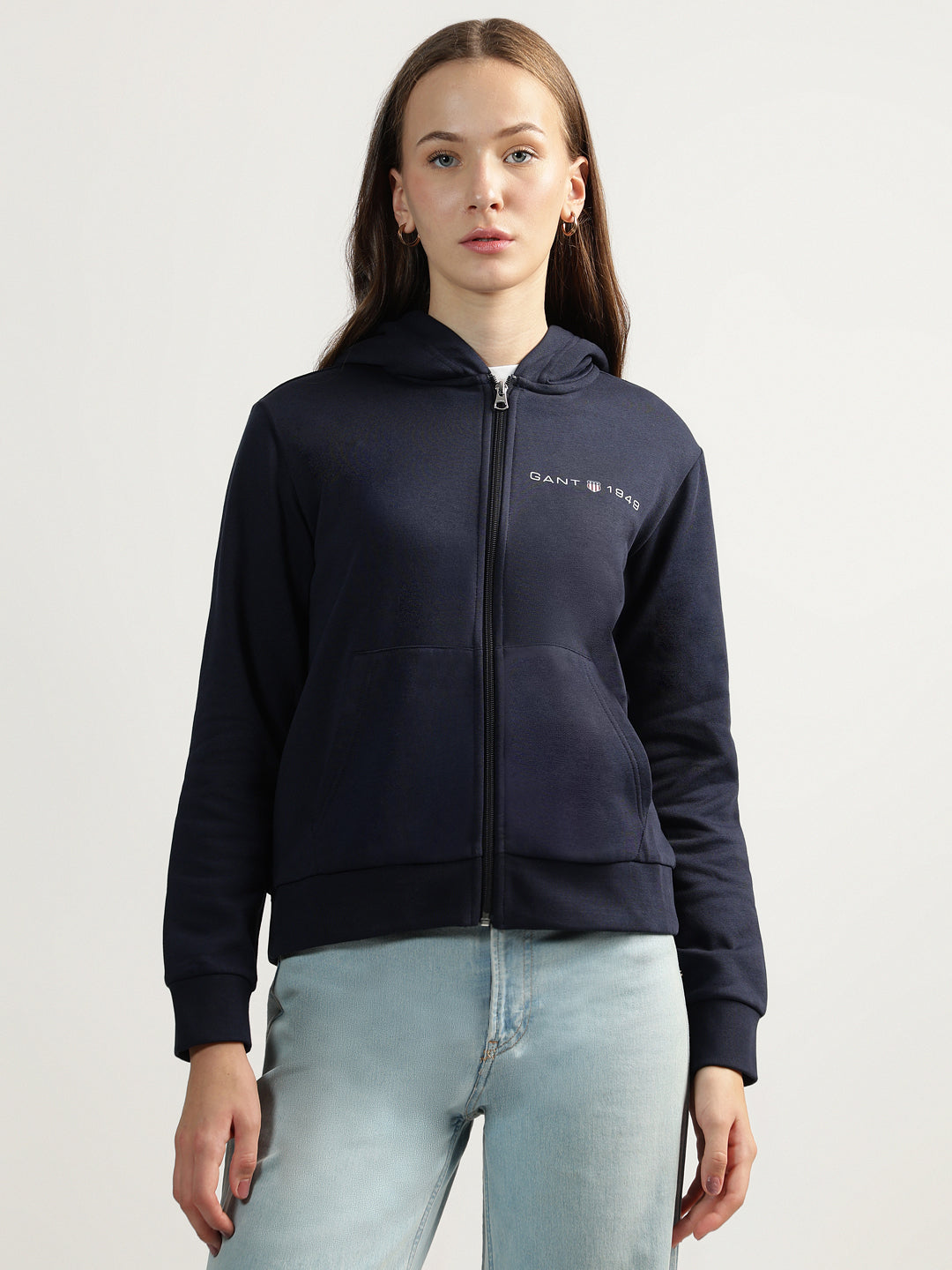 Gant Women Blue Solid Hooded Full Sleeves Front-open Sweatshirt