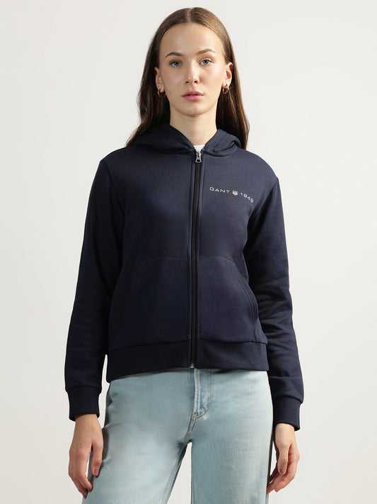 Gant Women Blue Solid Hooded Full Sleeves Front-open Sweatshirt