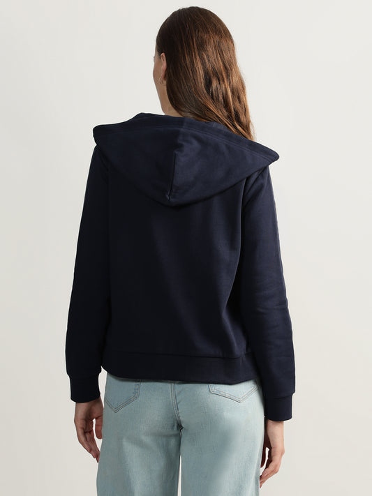 Gant Women Blue Solid Hooded Full Sleeves Front-open Sweatshirt