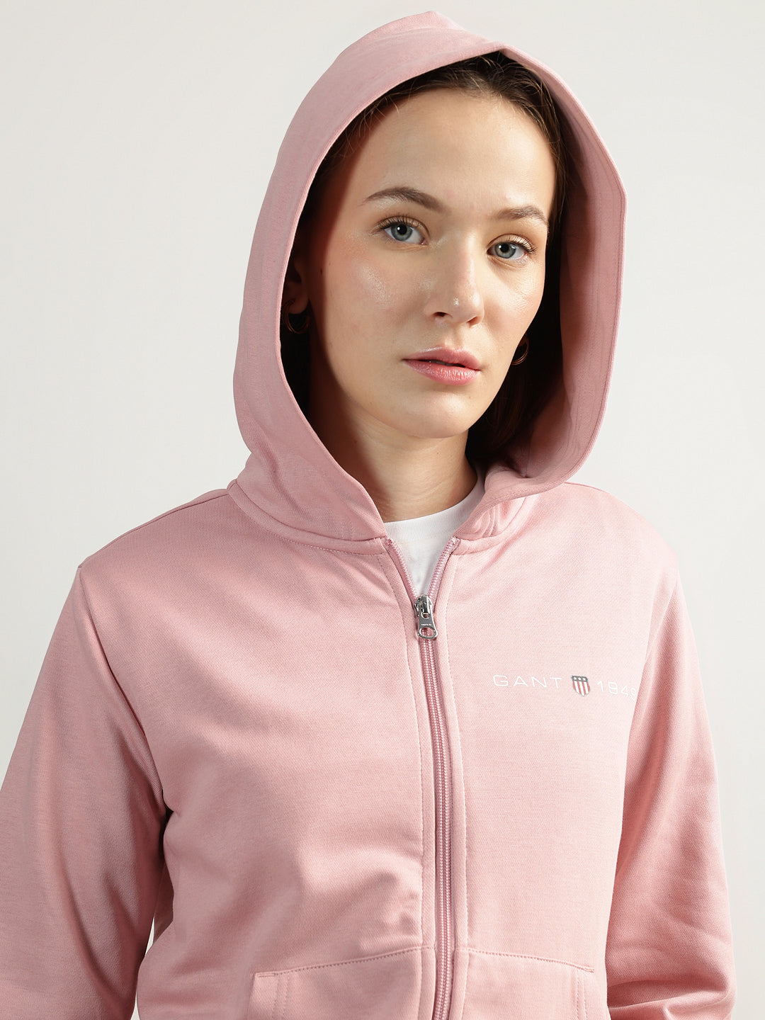 Gant Women Pink Solid Hooded Full Sleeves Front-open Sweatshirt