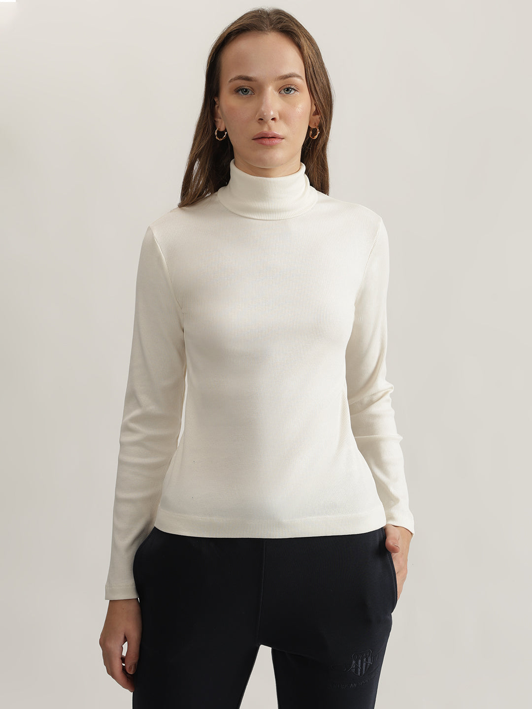 Gant Women White Solid Turtle Neck Full Sleeves Top