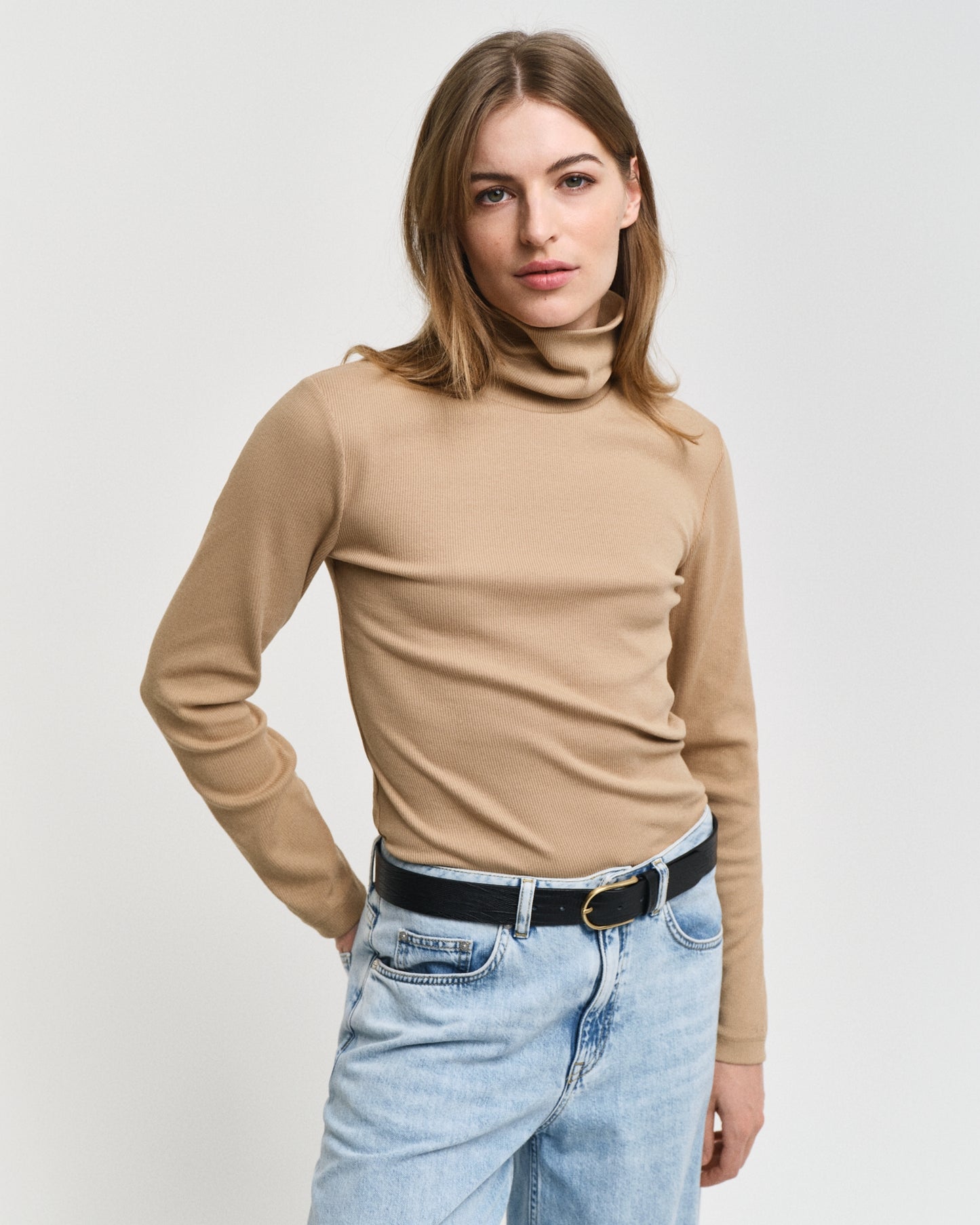 Gant Women Beige Solid Turtle Neck Full Sleeves Top