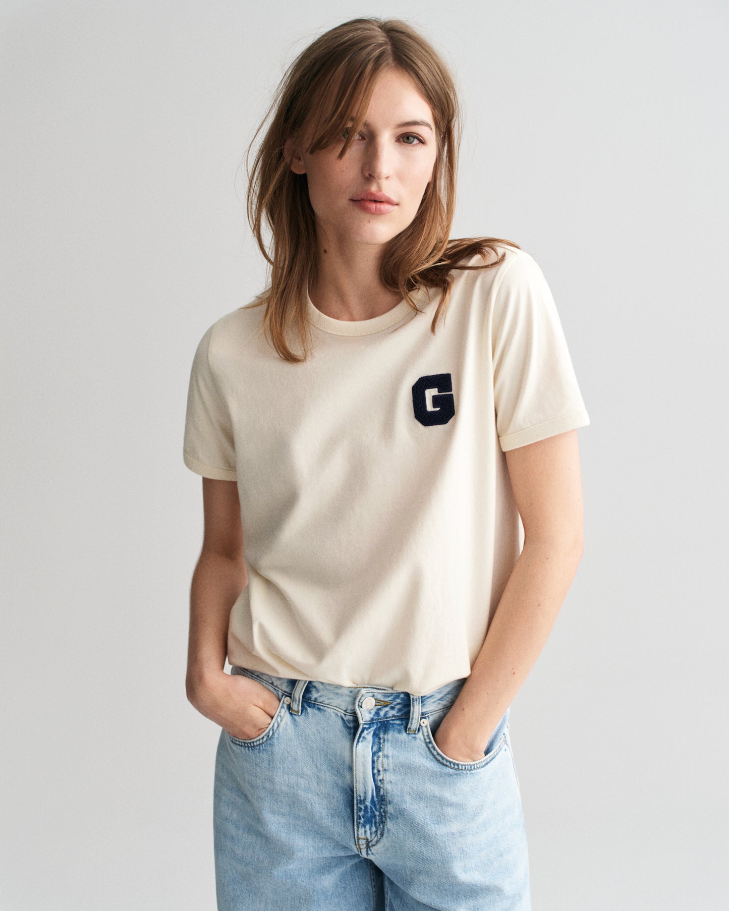 Gant Women Cream Solid Round Neck Short Sleeves T-Shirt