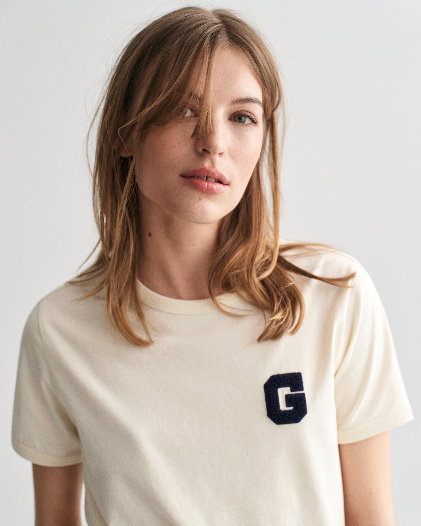 Gant Women Cream Solid Round Neck Short Sleeves T-Shirt