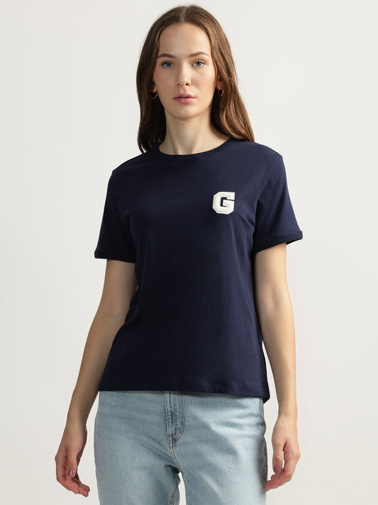 Gant Women Blue Solid Round Neck Short Sleeves T-shirt