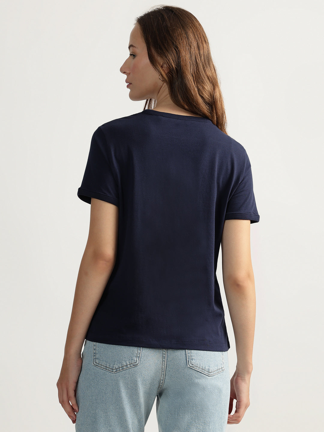 Gant Women Blue Solid Round Neck Short Sleeves T-shirt