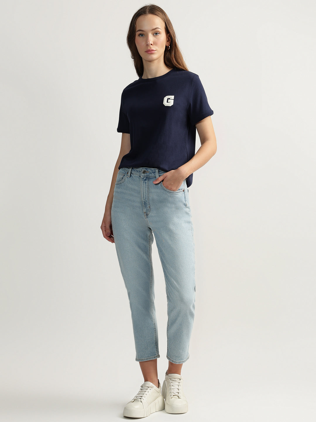 Gant Women Blue Solid Round Neck Short Sleeves T-shirt