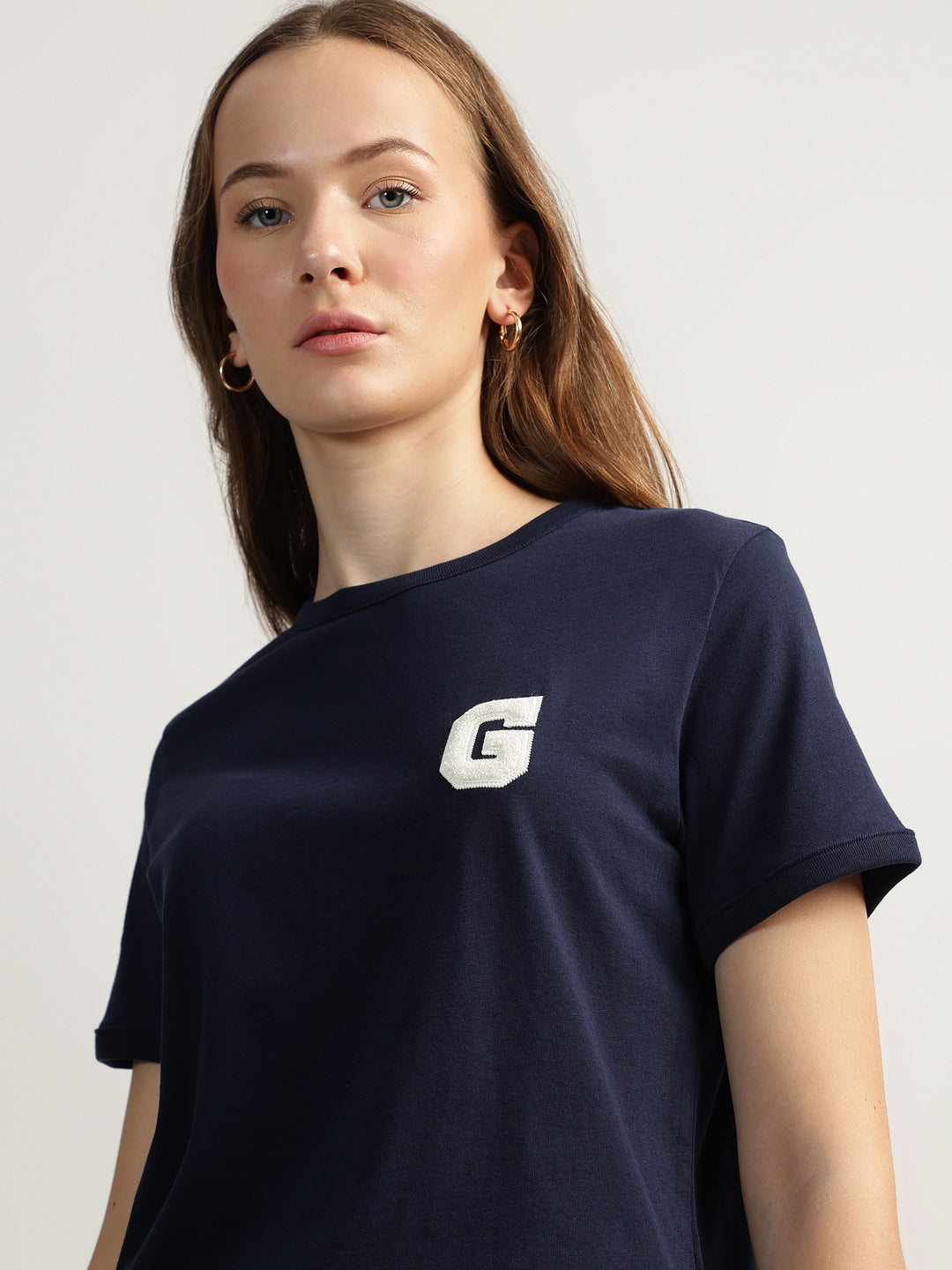 Gant Women Blue Solid Round Neck Short Sleeves T-shirt