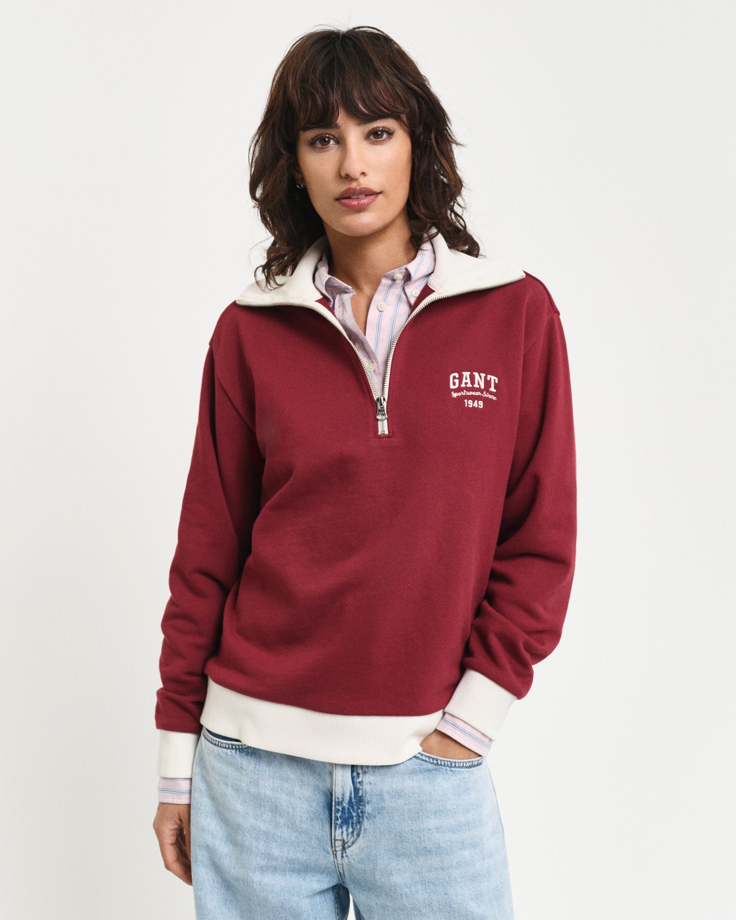 Gant Women Red Solid Spread Collar Full Sleeves Sweatshirt