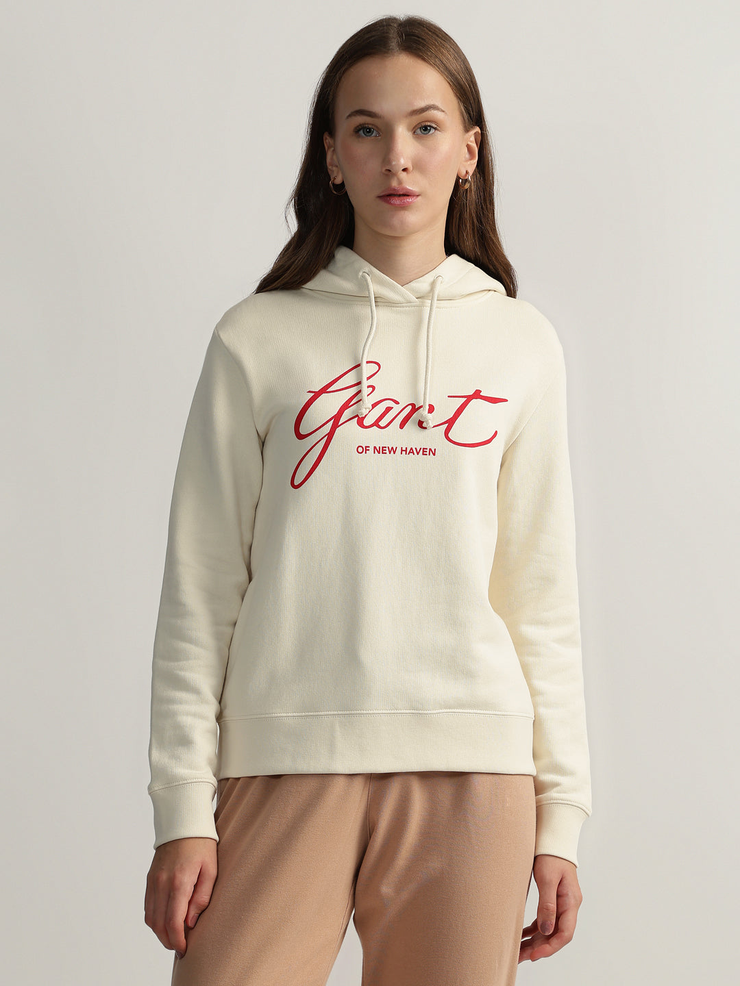 Gant Women Cream Printed Hooded Full Sleeves Pullover Style Sweatshirt