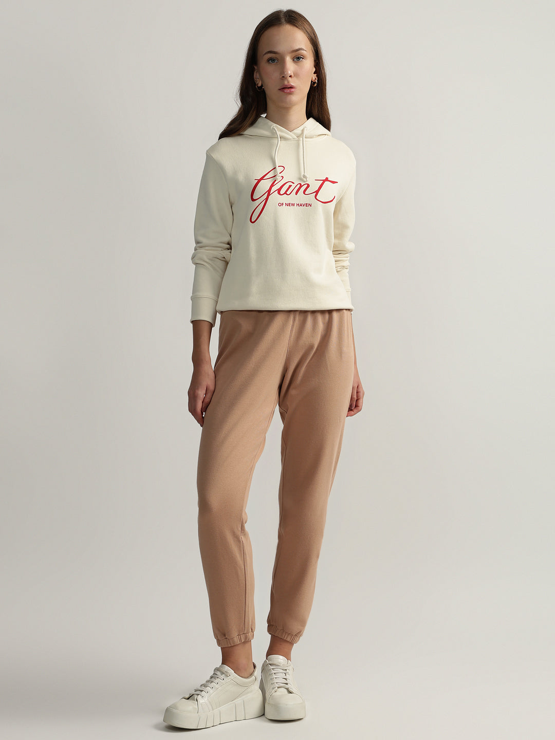 Gant Women Cream Printed Hooded Full Sleeves Pullover Style Sweatshirt