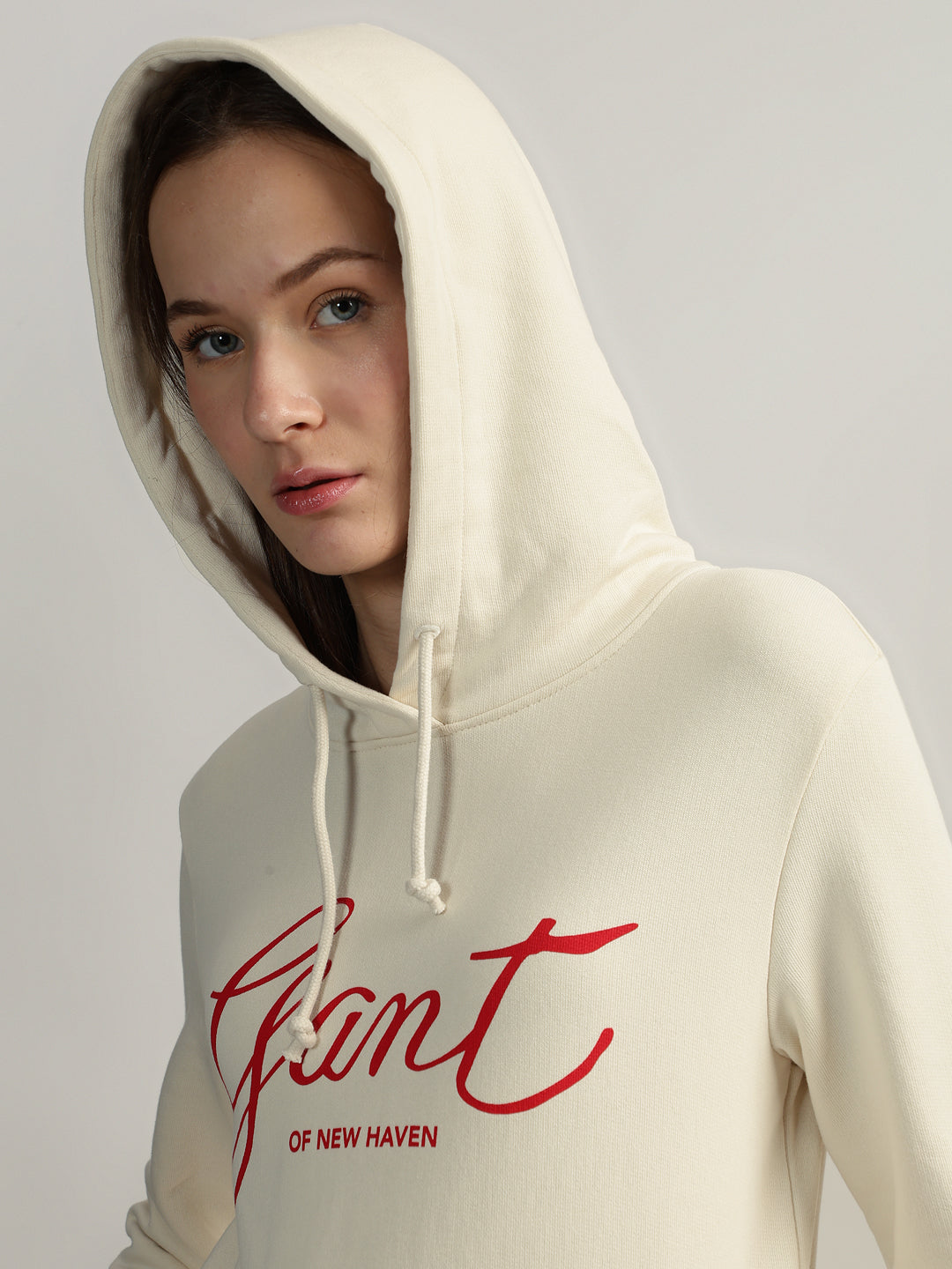 Gant Women Cream Printed Hooded Full Sleeves Pullover Style Sweatshirt