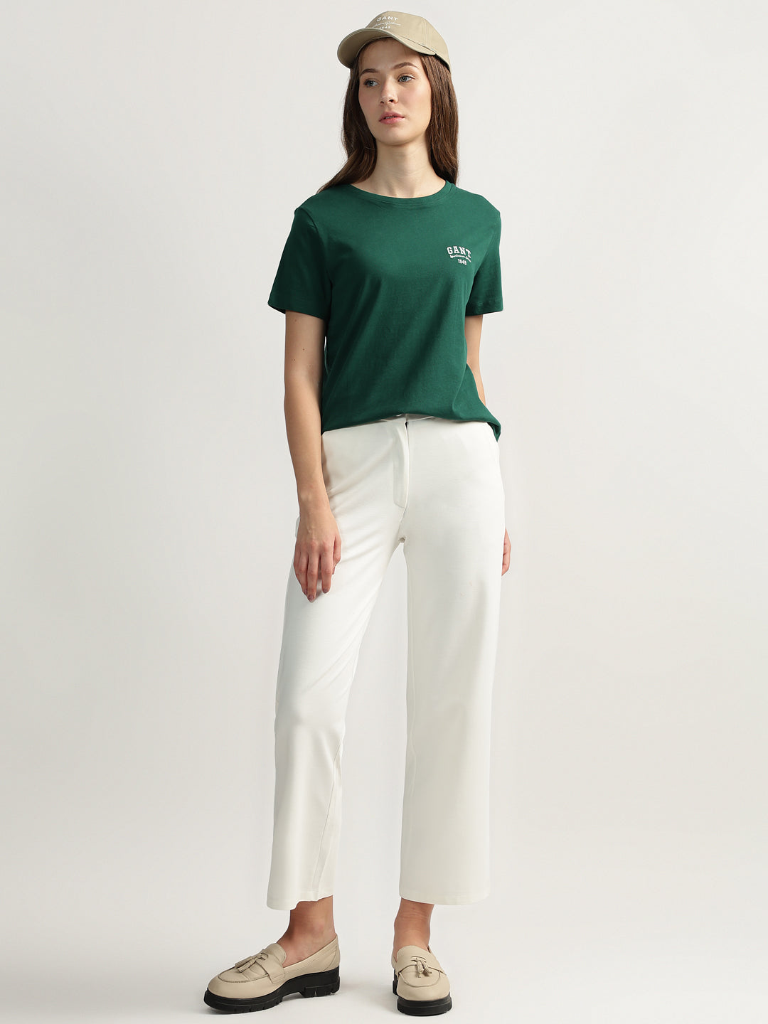 Gant Women Green Solid Round Neck Short Sleeves T-shirt