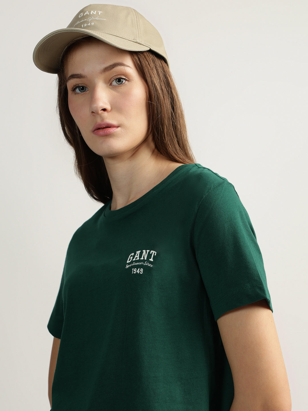 Gant Women Green Solid Round Neck Short Sleeves T-shirt